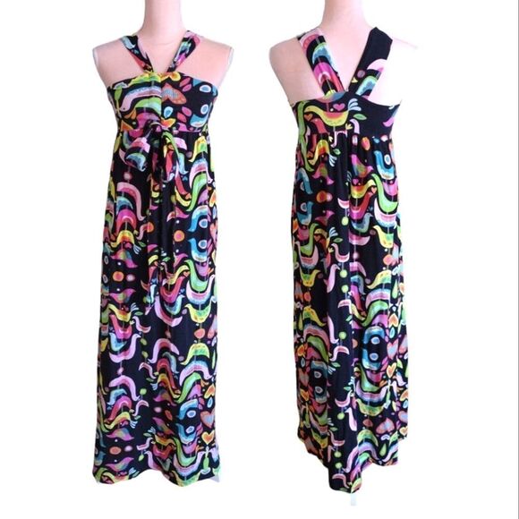 VTG 90s Black Colorful Birds Folk Art Print Sleeveless Halter Maxi Dress Small - Picture 11 of 17